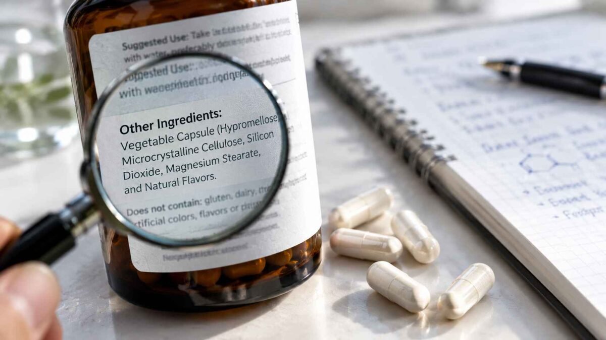 Close-up of an organic vitamin D supplement label showing other ingredients and synthetic fillers