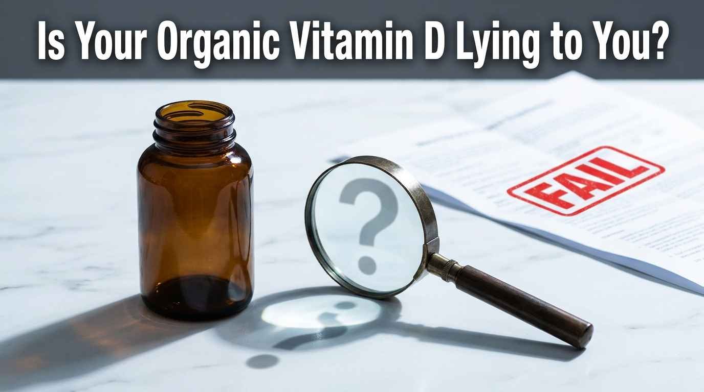 Organic vitamin D supplement bottle with lichen and MCT oil on a sunlit counterOrganic vitamin D supplement bottle with lichen and MCT oil on a sunlit counter
